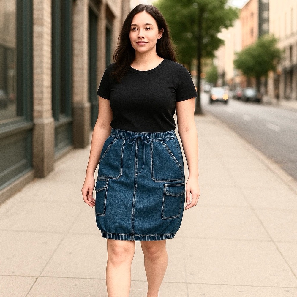 Ashley Stewart Denim Cargo Bubble Skirt Medium Blue Size 10/12 - Picture 2 of 15